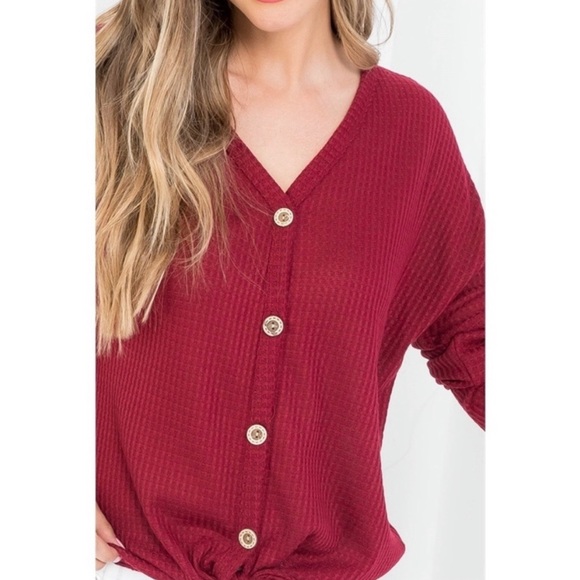 Women’s (NWT) V-Neck Tie Front Waffle Knit Top Color:Burgundy Size:L - Picture 2 of 5